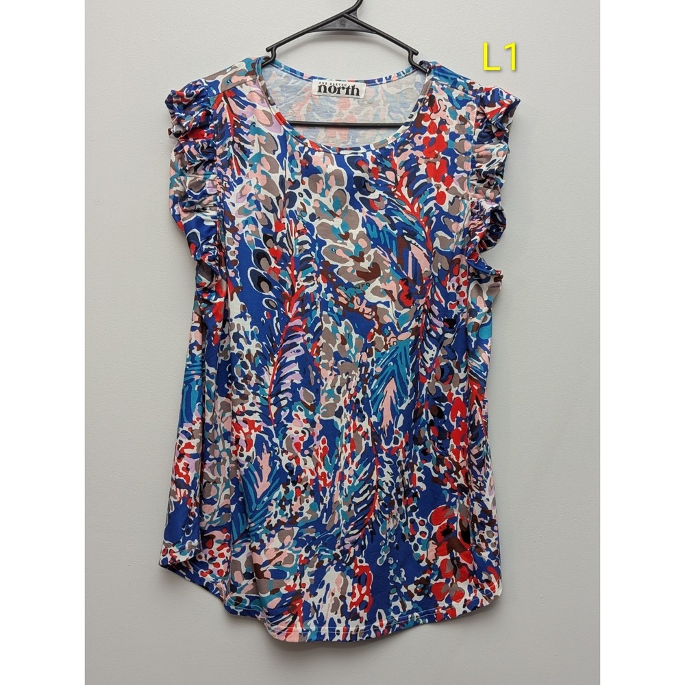 L1 One Eleven North Multi Color Abstract Ruffled Short Sleeve Blouse Size XL